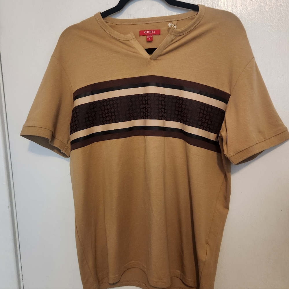 Guess Men's Tan and Brown Striped T Shirt NWT